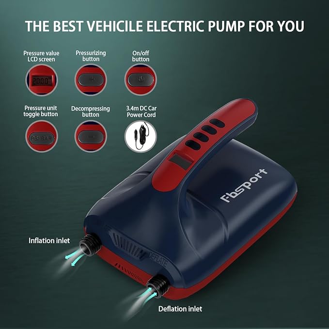 Electric Paddle Board Pump, 20PSI SUP Air Pump with Inflation & Deflation Functions & 12V DC Car Connector, Portable Quick Inflator for Inflatable Paddleboard, Kayaks, Boats and Air Mattresses