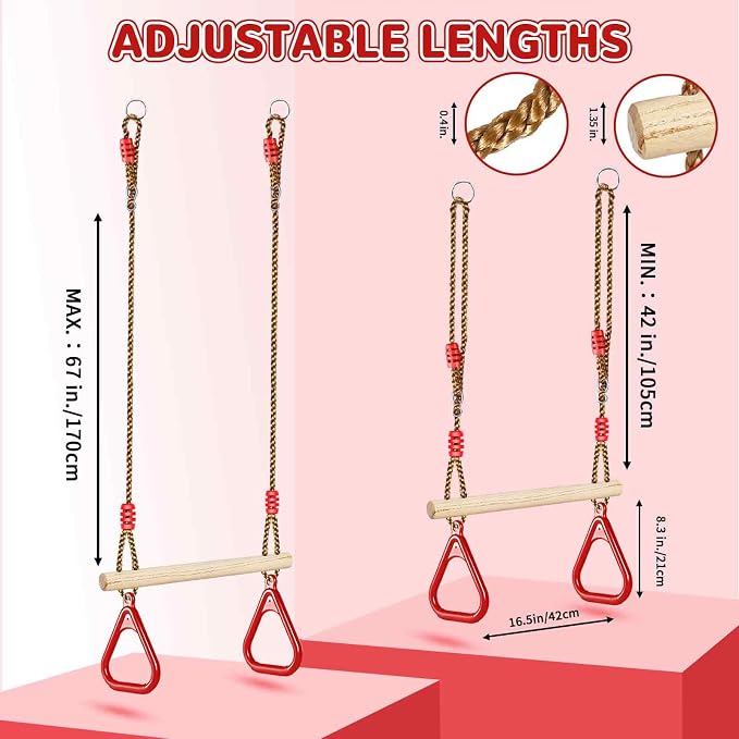 LadyRosian Wooden Trapeze Swing Bar, Adjustable Height Swing Set, Gym Rings, Playground Attachments, 16.5" Monkey Bar for Backyard, Playground, Playroom (Red)