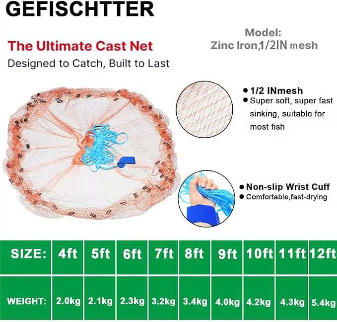 Saltwater Fishing Cast Net Eco-Friendly Rubber Sinker 1/2 Inches Mesh for Bait Shrimp Trap Fish Size 4FT/5FT/6FT/7FT/8FT/9FT/10FT/11FT/12FT Radius