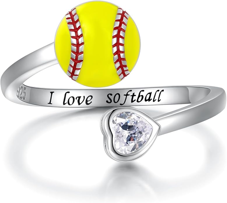 925 Sterling Silver Basketball Softball Baseball Football Tennis Racket Ring Adjustable Sports Jewelry Gifts for Women Player Mom