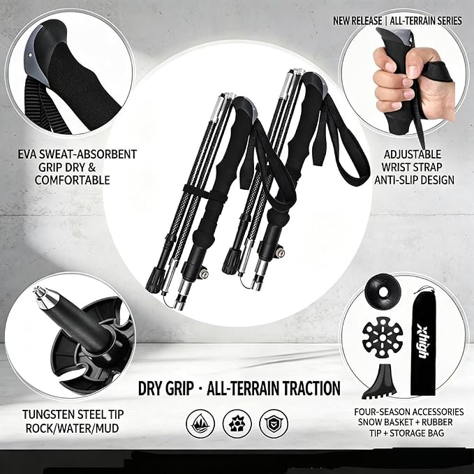 Ultralight 7.6oz 100% Carbon Fiber Trekking Poles, 2-Pack Collapsible Anti-Shock Hiking Poles with Tungsten Carbide Tips & EVA Foam Grip, Compact for Backpacking, Camping, Mountaineering