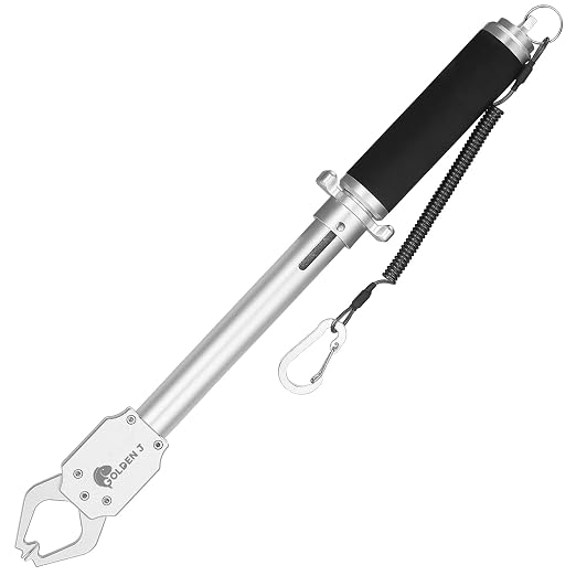 GOLDEN J 16" Fish Lip Gripper - Heavy-Duty & Saltwater Proof, Aircraft-Grade Aluminum Alloy, 60LB Capacity, Non-Slip 360° TPR Swivel Handle & Anti-Escape Push Rod, for Surf, Ice, Fresh/Saltwater