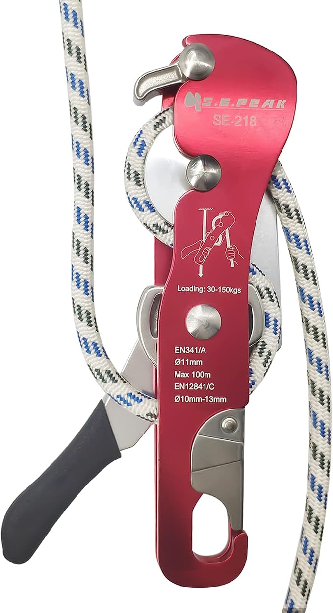 CE Certified Climbing Double Stop Descender Self-Braking Self Locking Rappelling Belay Devices for 10-12.5mm Rope for Rescue & Arborist, Hand Control