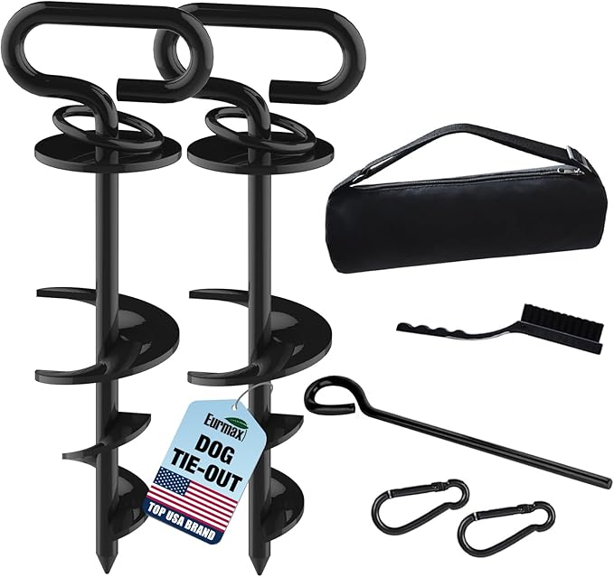 Eurmax USA 2-Pack Heavy Duty Dog Tie Out Stake, No-Tangle In Ground Anchor Runner for Large Dogs up to 210 Lbs - Perfect for Yard, Beach and Camping (Oval,Black)