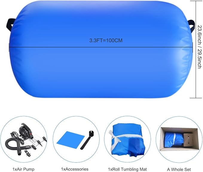 Air Roller Gymnastics Mat 60 75 cm Inflatable Air Barrel 3.3FT Gymnastics Tumbling Mat With Pump for Hand Spring Rear Training/Home Use/Fitness/Yoga