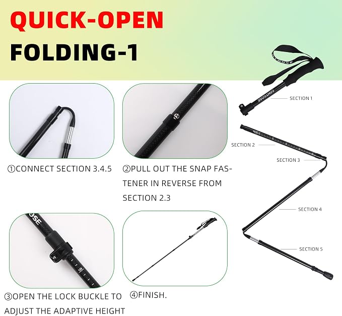 3K Carbon Fiber Trekking Poles & Walking Stick Collapsible Lightweight for Hiking (1-PCS)