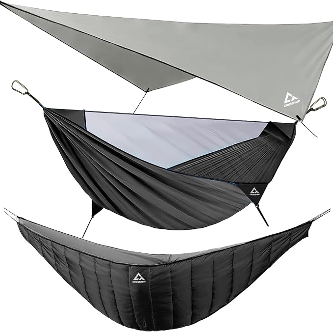 Camping Hammock with Mosquito Net, Underquilt & Rain Fly Tarp – 2 Person Portable Hammock Set for Hiking, Backpacking, Travel, Backyard, Beach – Holds Up to 500lbs (Black)