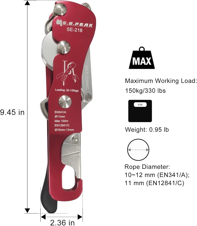 CE Certified Climbing Double Stop Descender Self-Braking Self Locking Rappelling Belay Devices for 10-12.5mm Rope for Rescue & Arborist, Hand Control