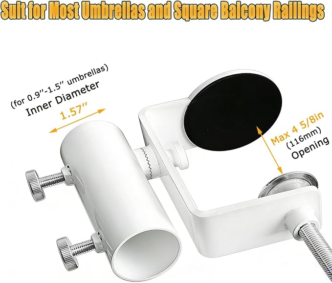 White Heavy Duty Patio Umbrella Clamp, Rustproof Steel Railing Holder with 360° Rotation for Balcony, Fence, Bleachers & Outdoor Deck