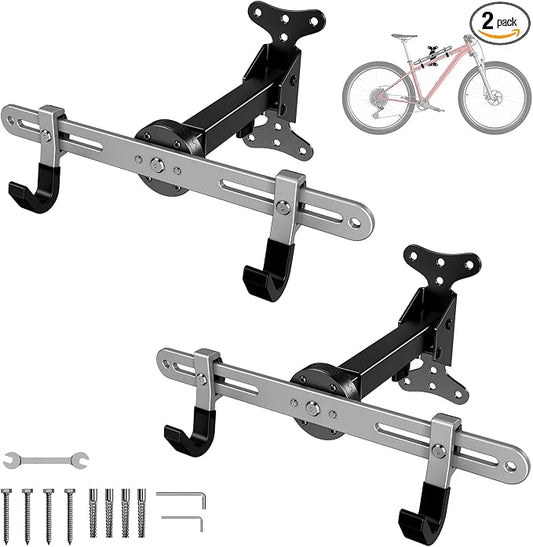 Heavy-Duty Bike Wall Mount for Garage Aluminum Alloy & Steel Folding Bicycle Rack,360° Rotation,Adjustable Hook, 66lbs Capacity Horizontal Indoor Bike Storage, for Road Mountain Hybrid Bikes