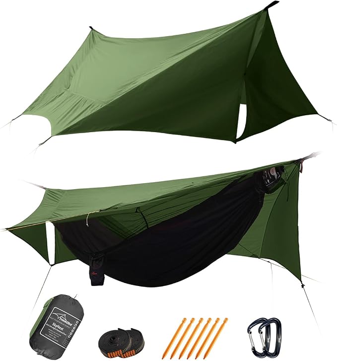 SkyNest 11ft Hammock with Net and Rain Fly Tarp, 4 in 1 Camping Hammock Tent, Ultralight Portable Double-Layer Hammock with Ridge Rope for Camping, Hiking and Backpacking