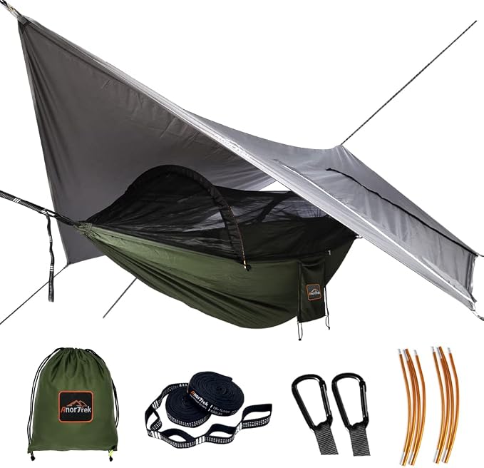 AnorTrek Camping Hammock with Mosquito Net and Rain Fly Tarp, Portable Double Hammock with Two Tree Straps, 230T Nylon Hammock and Waterproof Rain Fly Set for Hiking, Backpacking, Overnight (Green)
