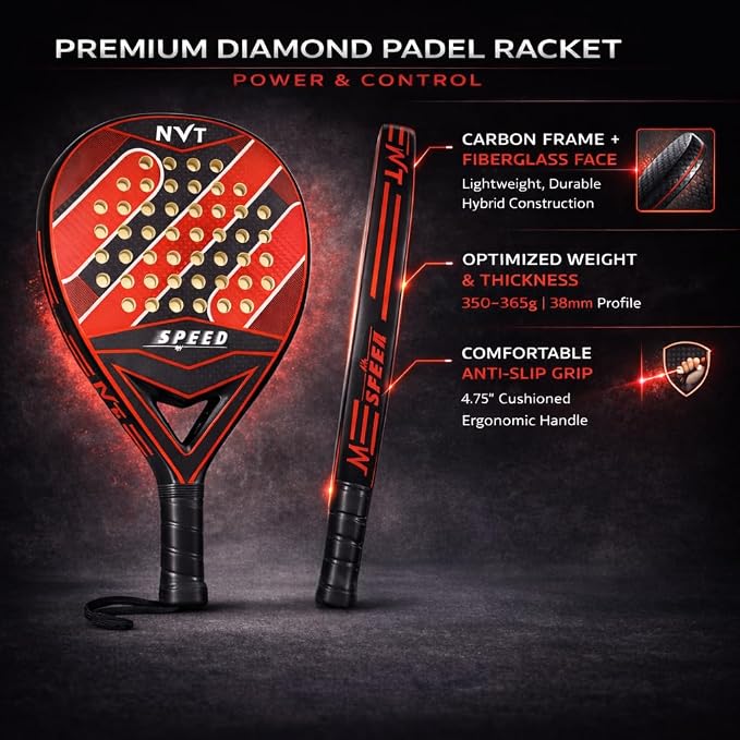 Padel Racket for Adults, Carbon Fiber Frame & Fiberglass Face, Lightweight Power & Control Paddle, Anti-Slip Grip for Training & Match Play Pala Padel Raqueta
