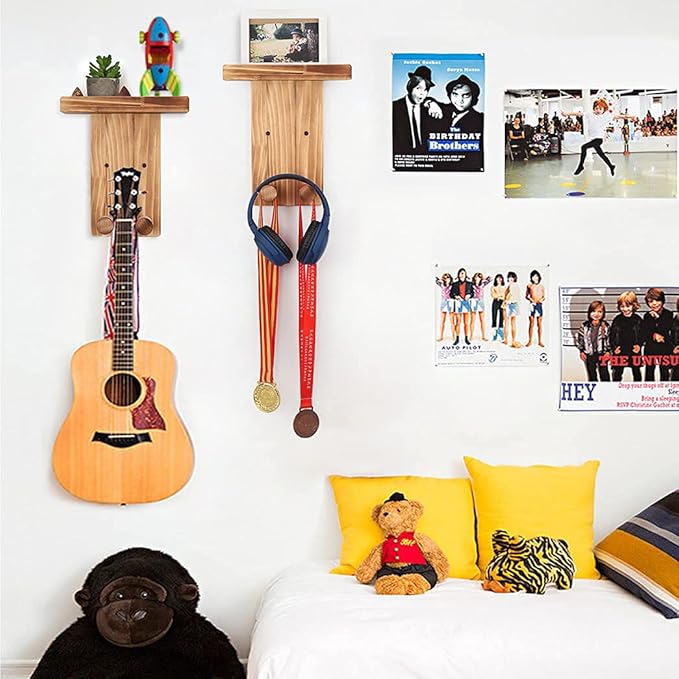 Keebofly Guitar Wall Hanger,2 Pack Guitar Wall Mount Holder Guitar Hanger Shelf with Pick Holder Solid Pine Wood Guitar Rack for Acoustic or Electric Guitar,Ukulele,Bass,Mandolin Brown，[Patented]