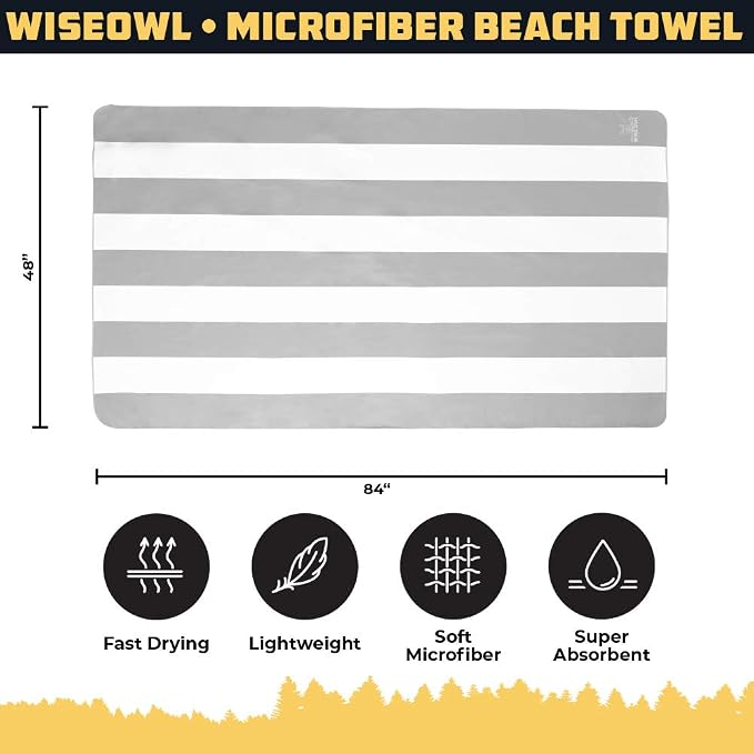 Wise Owl Outfitters Microfiber Beach Towel (7x4 ft) – Extra Large 84"x48", Quick Dry, Lightweight and Sand Free for Adults at the Beach, Pool, Gym, Yoga, or for Travel and Outdoor Use
