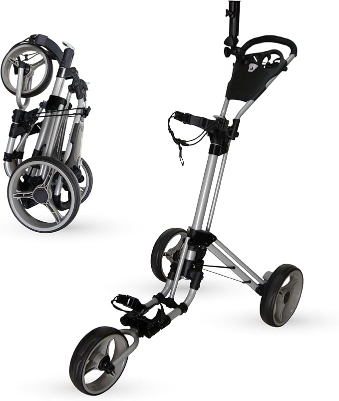 Qwik-Fold 3-Wheel Golf Push Cart with Foot Brake – 1-Second Fold & Unfold Folding Golf Trolley, Lightweight Aluminum Frame, Adjustable Handle, Ball-Bearing Wheels, Umbrella Holder & Storage