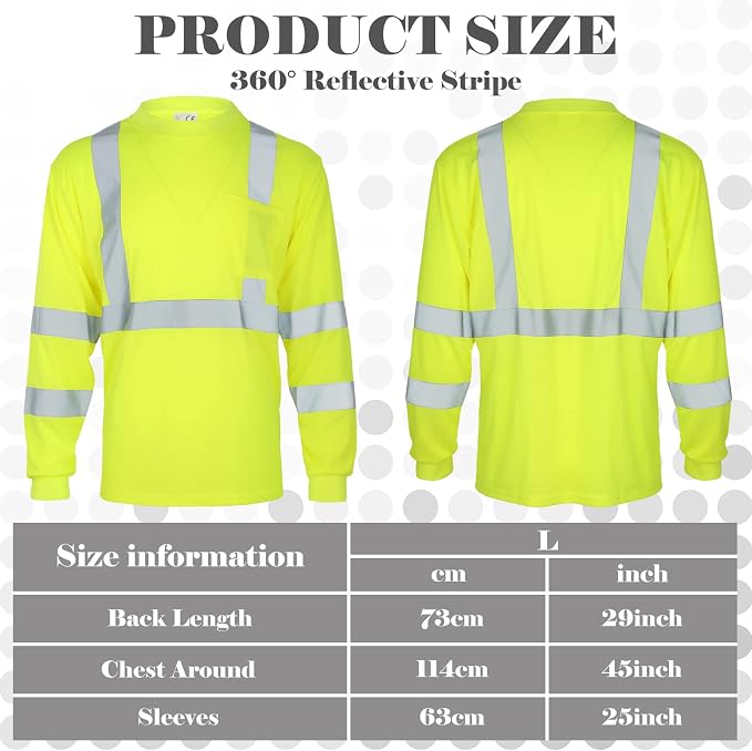 Amylove 4 Pcs Long Sleeve Safety Shirt High Visibility Reflective Construction Work Shirts for Men Women (L,Yellow)