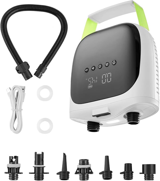 20PSI Paddle Board Pump, Rechargeable Battery-Powered, Dual Stage Electric SUP Air Pump with Auto-Off and Deflation Function, Ideal for Inflatable Paddle Board, Tent and Mattress