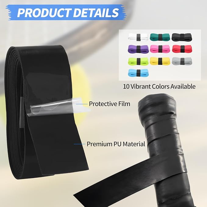 Tennis Racket Grip Tape, Precut Sweat-Absorbing Tennis Overgrip Tape, Anti-Slip and Dry Feel Tennis Tape for Pickleball, Badminton & Tennis (10 Colors)