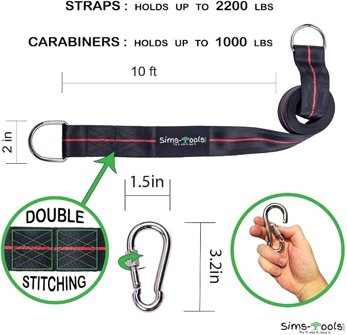 Tree Swing Straps Hanging Kit - Two 10ft Extra Long Heavy Duty 2200lbs and Two Safe Lock Snap Carabiner - Perfect for Any Types of Swing - Fast and Easy Installation