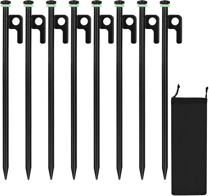 8Pcs Tent Stakes, 12in Heavy Duty Tent Stakes with Storage Pouch, Dia 0.35" Forged Steel Stakes for Tent Used on Rocks, Grassland, Snowfield(8Pcs 12in Stakes)