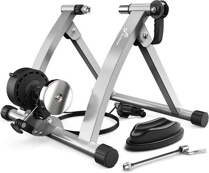 Sportneer Bike Trainer - Magnetic Stationary Bike Stand for 26-28" & 700C Wheels - Adjustable 6 Level Resistance Bike Trainer Stand for Indoor Riding with Quick Release Lever & Front Wheel Riser Block
