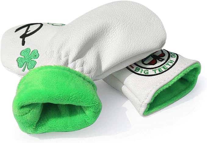 Big Teeth Golf Cover Lucky Clover Headcover Covers, Driver Fairway Wood Hybrid Headcovers Fits Blade Mallet Putter Iron and Woods with Magnetic White Shamrock Head Club Protector Leather