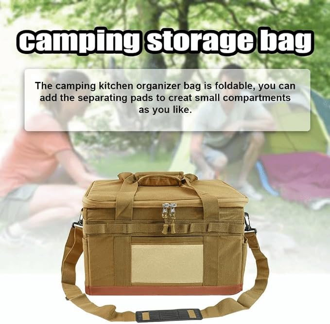 Backpack with Cookware Organizer – Durable Oxford Cloth, Adjustable Shoulder Strap for Camping, Travel, and BBQ, Foldable with Mesh Pockets(Khaki)