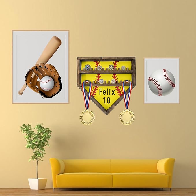 Personalized Baseball Softball Championship Ring Holder Display Case, Custom Name Number Sports Ring Display Case Wooden,24 Ring Posts,Trophy & Medal Gift Display Case for Men Dad(Yellow)