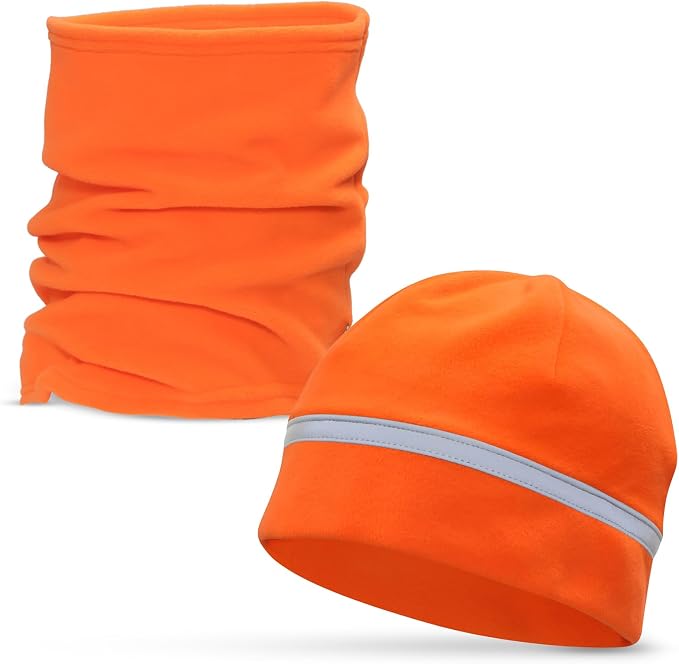 Hunter Orange Winter Running Set: Reflective Beanie + Micro-Fleece Neck Gaiter