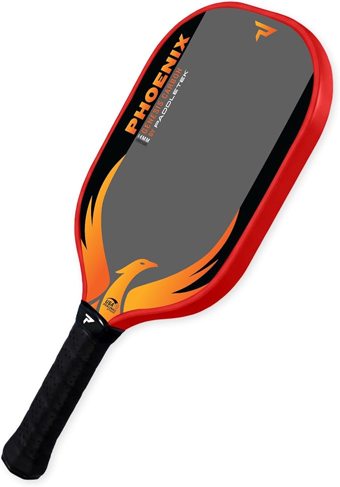 Paddletek Phoenix Genesis Carbon 14mm Pickleball Paddle – Textured Carbon Fiber Pickleball Paddle with Polypropylene Honeycomb Core – USAPA Approved – Balanced All-Court Performance – 5.25" Handle