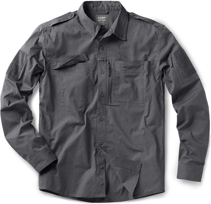 CQR Men's Long Sleeve Tactical Shirts, Ripstop Military Work Shirts, UPF 50+ Breathable Button Down Outdoor Hiking Shirt