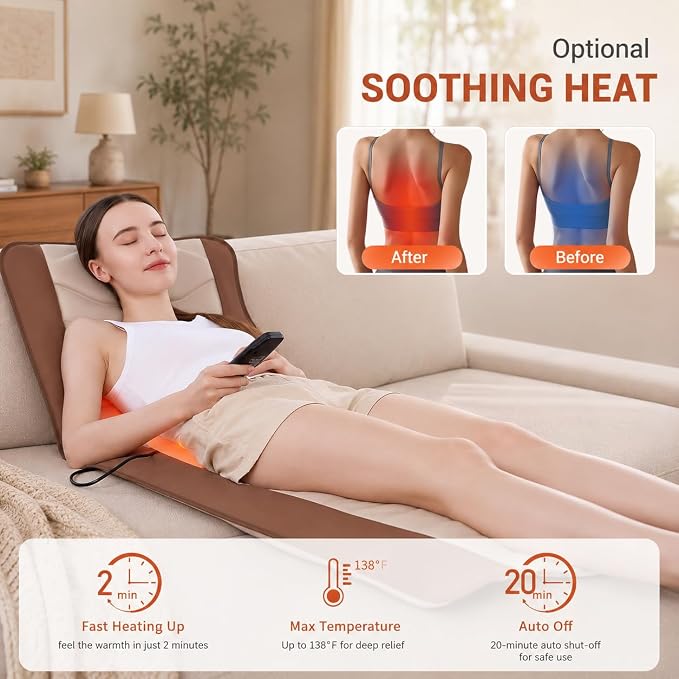 Full Body Massage Mat with Heat, Back Massager for recliner with Lumbar Support, Heating & Vibration, Massage Chair Pad for Seniors, Office Workers & Family, Fatigue & Pain Relief in Office, Home
