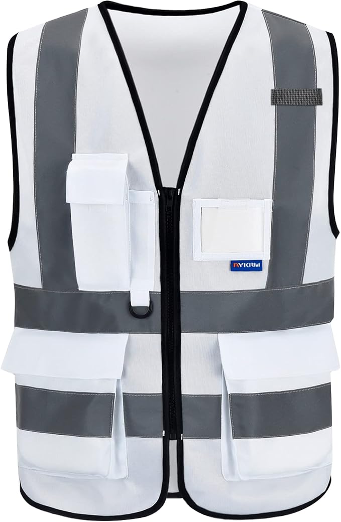 A-SAFETY 4XL-5XL,Hi Reflective Safety Vest,Hi Vis Bright Neon Colors Safety Vest with 4 Reflective Strips 7 Pockets(White)
