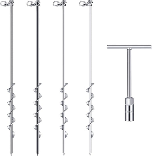 Hiboom 4 Pcs Ground Anchors with T Handle Hex Wrench Trampoline Hook, Ground Anchor Screw in Kit, Inflatable Outdoor Decorations Accessories for Camping Tents Car Ports Canopies (Silver,24 Inch)