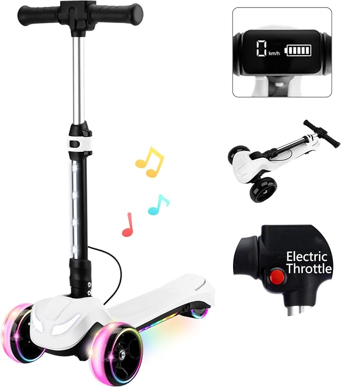Electric Scooter for Kids w/150W Powerful Motor, Thumb Throttle, LCD Screen, Bluetooth, Light-Up Stem Deck & Wheels, 3 Adjustable Heights, 5MPH Safe Speed, 3 Wheel Electric Scooter for Kids
