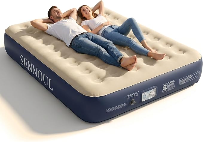 SENNOUL Air Mattress Queen with Built in Pump - Upgraded Blow Up Bed, 2 Mins Quick Self Inflatable, 13"/650lbs Max, Strong Support, All Night No Lost Air, for Camping,Home,Guests & Portable Travel