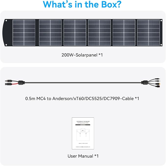 Ecosonique 200W Portable Solar Panel 11lbs Ultra-Light Foldable CPC for EcoFlow/Jackery/Bluetti Power Stations with MC4, XT60, USB-C 65W PD3.0 & USB-A QC3.0 for RV, Camping, Home Backup, Emergency