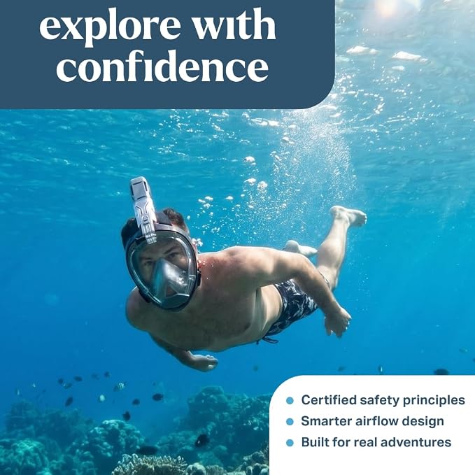 Seaview 180 Sport Full Face Snorkel Mask Adults, 180 Degree Panoramic View, Anti Fog, Dry Top Snorkeling Gear for Adults & Youth with Detachable Camera Mount for Ocean, Beach & Travel