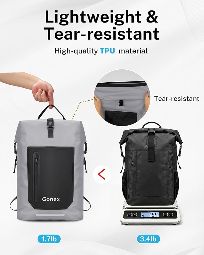 Gonex Ultralight Waterproof TPU Backpack, 55L Roll Top Dry Bag with Comfortable Padded Back Panel for Kayaking Boating Camping Fishing Travel,Grey