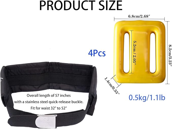 Vinyl Coated Diving Weights-4pcs 1.1-4.4 lbs Dive Weights with 4 Pocket Scuba Weight Belt with Quick Release Buckle,Used for Freediving, Spearfishing & Scuba Diving-Fit for Waist 32" to 52"