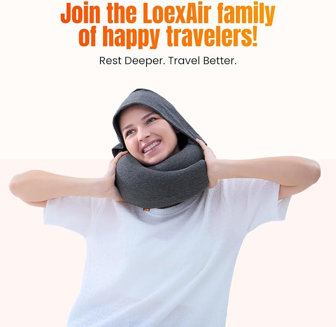 LOEXAIR™ Hooded Pro Travel Pillow - Memory Foam Neck Support Pillow for Airplane, Flight - Super-Soft Pure Cotton Fabric, Maximum Privacy & Light-Block Design, Lightweight Full Travel Kit - Dark Grey