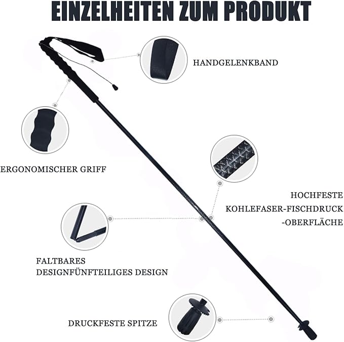 5-Section Carbon Fiber Trekking Poles, Lightweight and Durable 2-Pack, Foldable, Straight Grip, Suitable for Hiking, Trekking and Mountaineering
