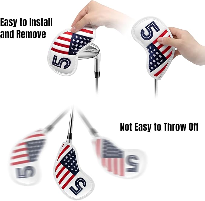 Magnetic Golf Iron Covers Premium Leather Iron and Wedge Golf Club Head Covers - Set of 10 Fits Most Clubs USA American Flag Head Cover Set Headcovers for Irons