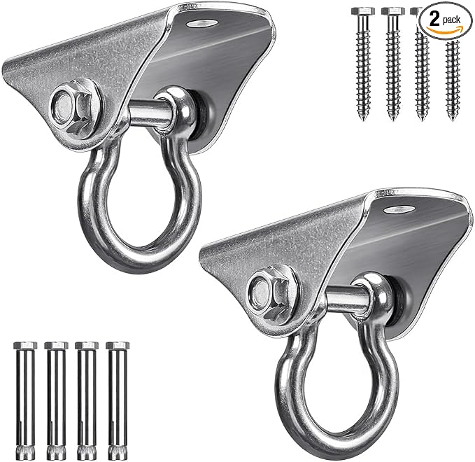 BeneLabel 2 Pack Stainless Steel 180 Swing Hooks, Heavy Duty 1000 LB Capacity, 4 Screws & 4 Expansion Bolts for Wooden & Concrete, Ceiling Mount for Hammock, Porch, Yoga, Punching Bag