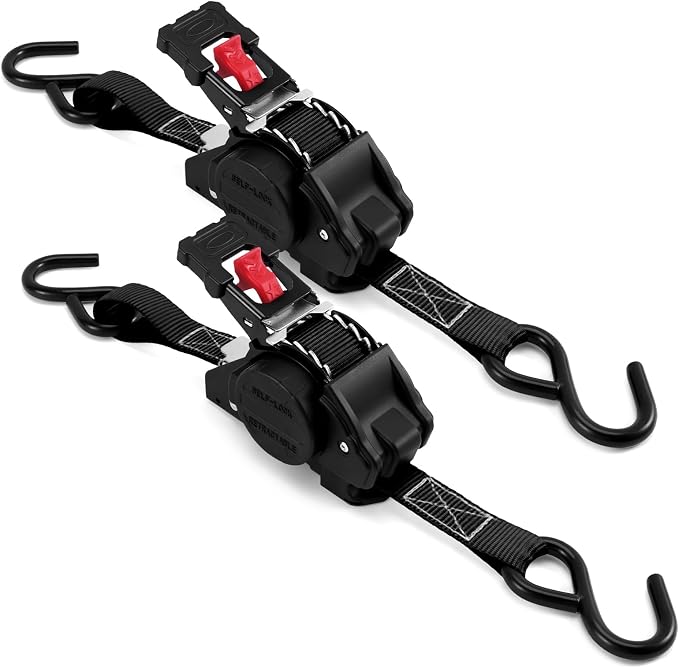 LEVELEVE Retractable Ratchet Tie Down Straps (1" x 10FT, 2-Pack, Black) - Heavy Duty 1760LBS Break Strength Quick-Lock, Weather Resistant for Moving, Cargo, Trucks & Boats