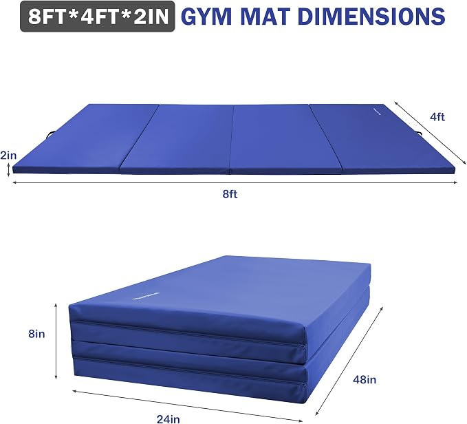 Fitvids Folding Exercise Gymnastics Mat 4'x8'x2" Gym Workout Mat with Carrying Handles High-Density Portable Fitness Aerobics Mats for Home Gym Yoga Pilates Tumbling MMA Core Training, Multiple Colors
