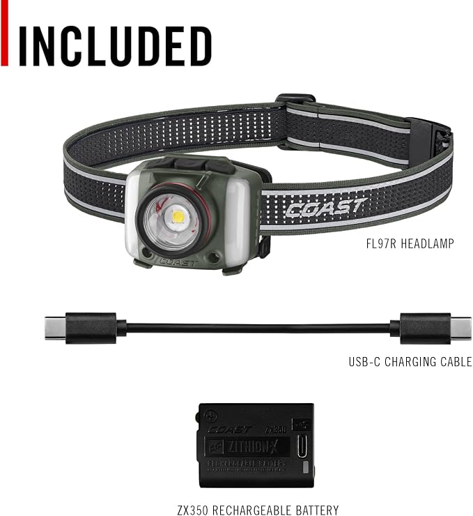 Coast FL97R Voice-Controlled 1200 Lumen Rechargeable LED Headlamp with Pure Beam Spot & Flood, ARC Lighting, Red & Green Color Modes, Glide Focus Radial Arm Dial and USB-C Charge Port, Forest Green