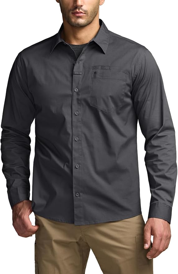 CQR Men's Long Sleeve Tactical Shirts, Ripstop Military Work Shirts, UPF 50+ Breathable Button Down Outdoor Hiking Shirt