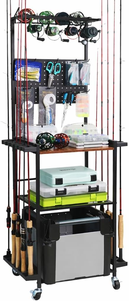 Aventik Fishing Rod Holders For Garage, 3-Tier Fishing Rod Rack Store 12 Rods& 8 Reels, Heavy Duty Pegboard Freestanding Rod Rack